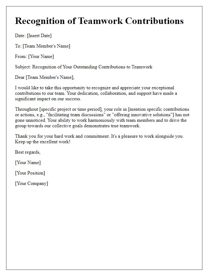 Letter template of recognition for teamwork contributions.