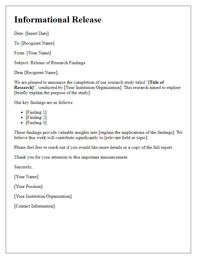 Letter template of informational release for research findings