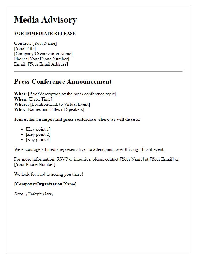 Letter template of media advisory for press conference