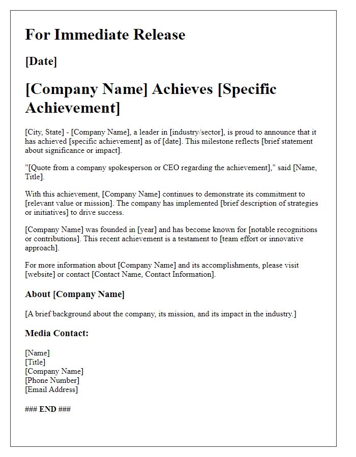 Letter template of news release for company achievement