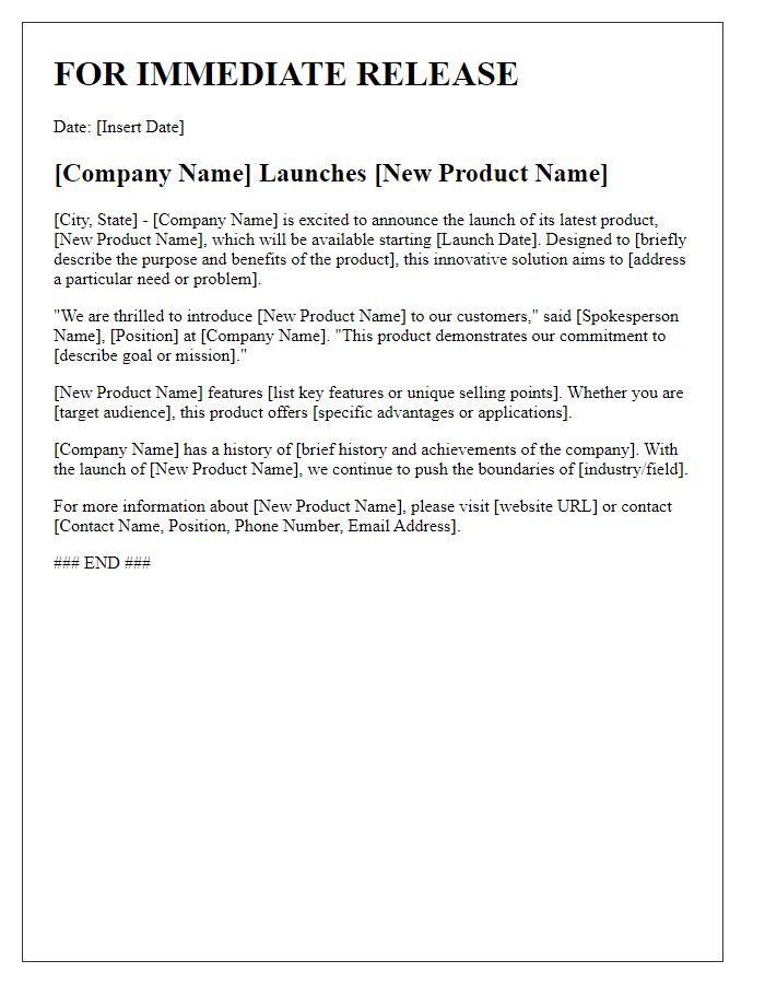 Letter template of press release for new product launch