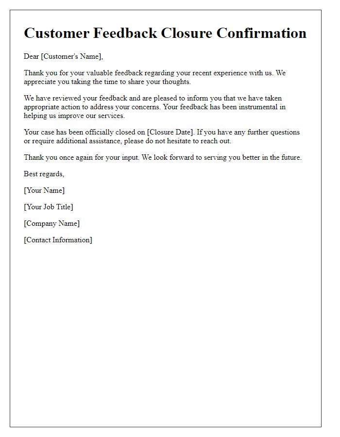 Letter template of Customer Feedback Closure Confirmation