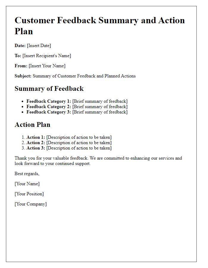 Letter template of Customer Feedback Summary and Action Plan