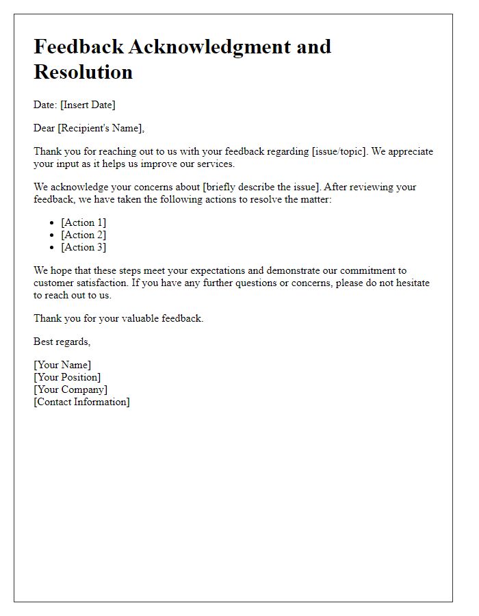 Letter template of Feedback Acknowledgment and Resolution