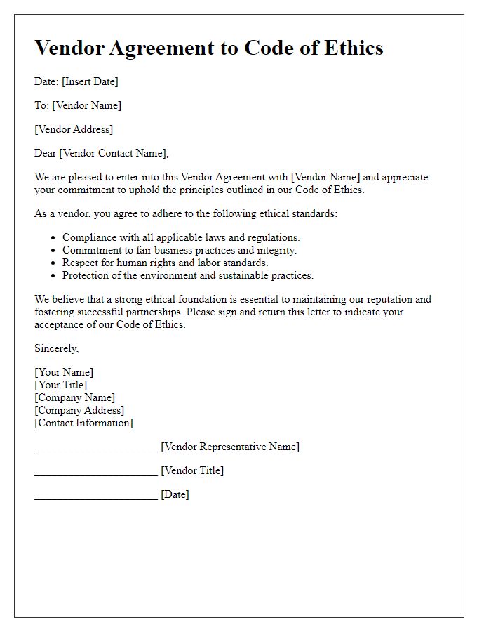 Letter template of Vendor Agreement to Code of Ethics