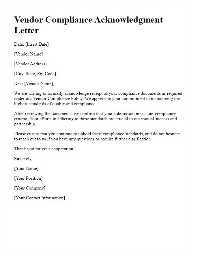 Letter template of Vendor Compliance Acknowledgment Letter