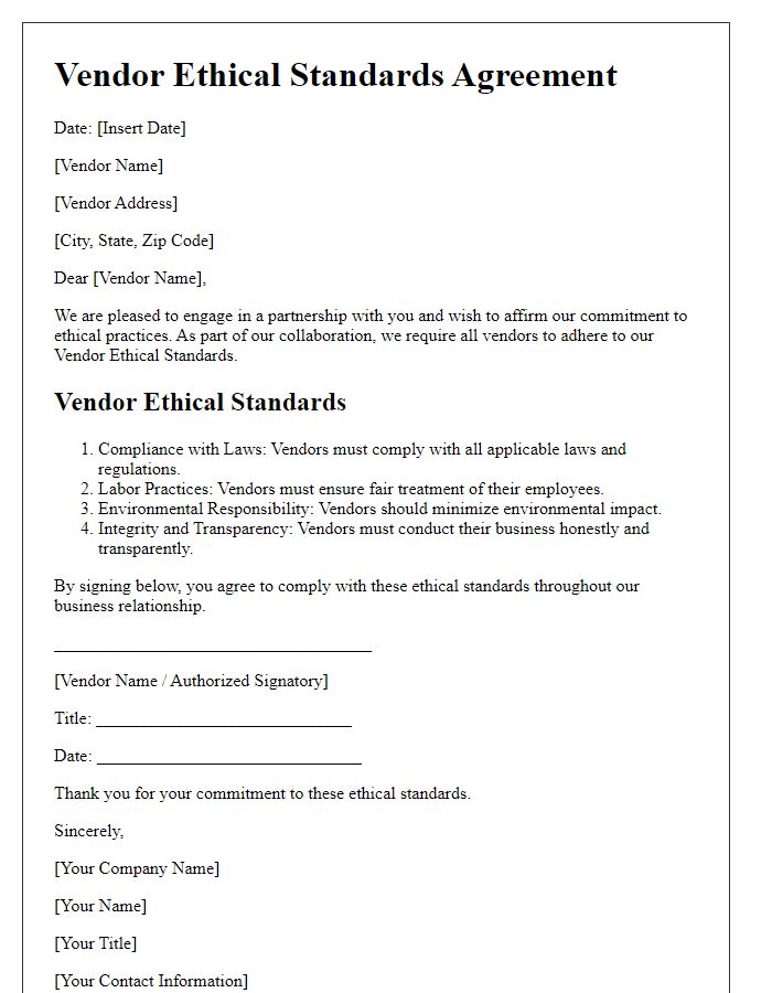 Letter template of Vendor Ethical Standards Agreement