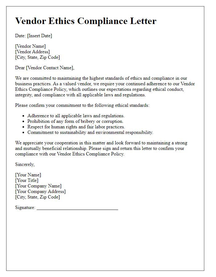 Letter template of Vendor Ethics Compliance Letter