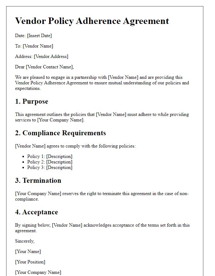 Letter template of Vendor Policy Adherence Agreement