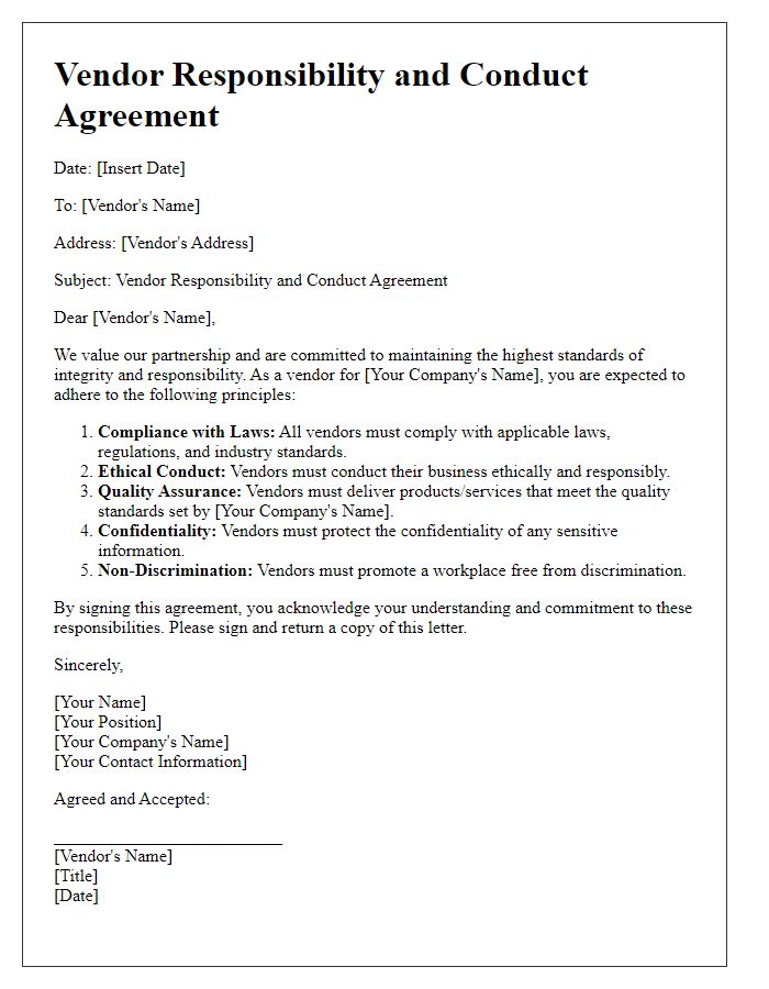 Letter template of Vendor Responsibility and Conduct Agreement