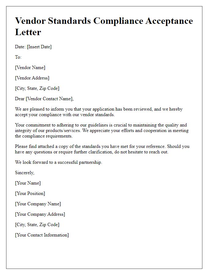 Letter template of Vendor Standards Compliance Acceptance