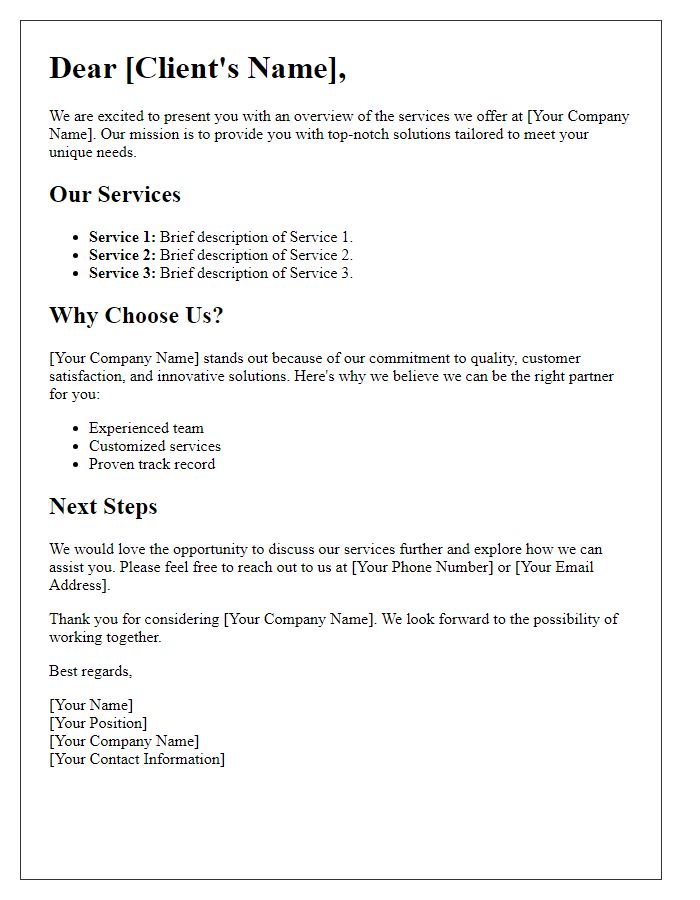 Letter template of service overview for potential clients