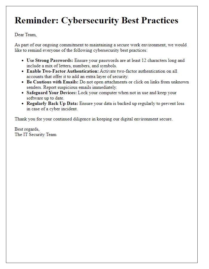 Letter template of cybersecurity best practices reminder