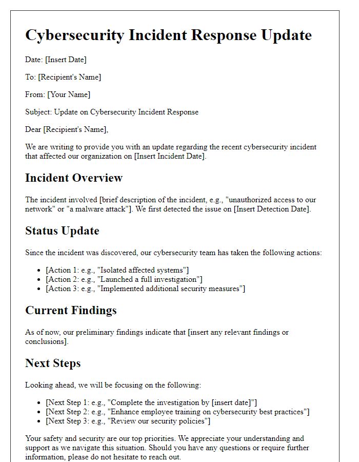 Letter template of cybersecurity incident response update