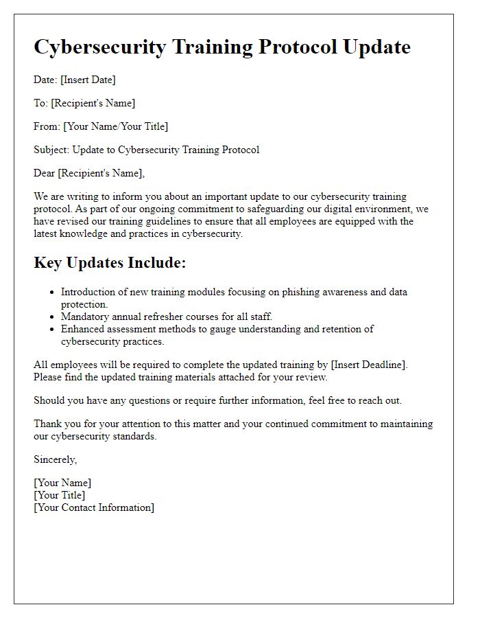 Letter template of cybersecurity training protocol update