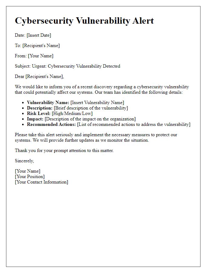 Letter template of cybersecurity vulnerability alert