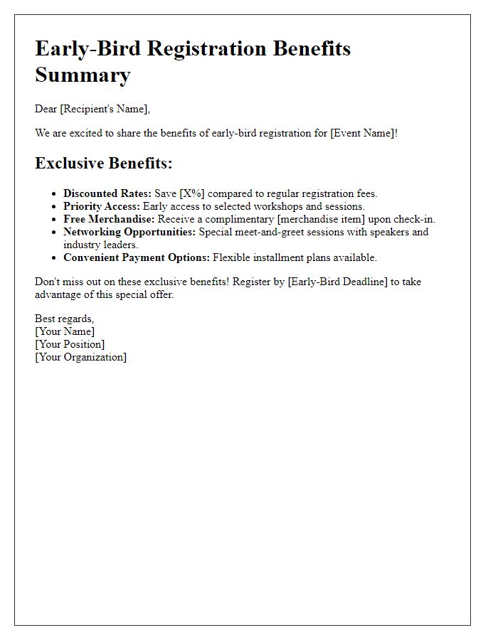 Letter template of benefits summary for early-bird registration.