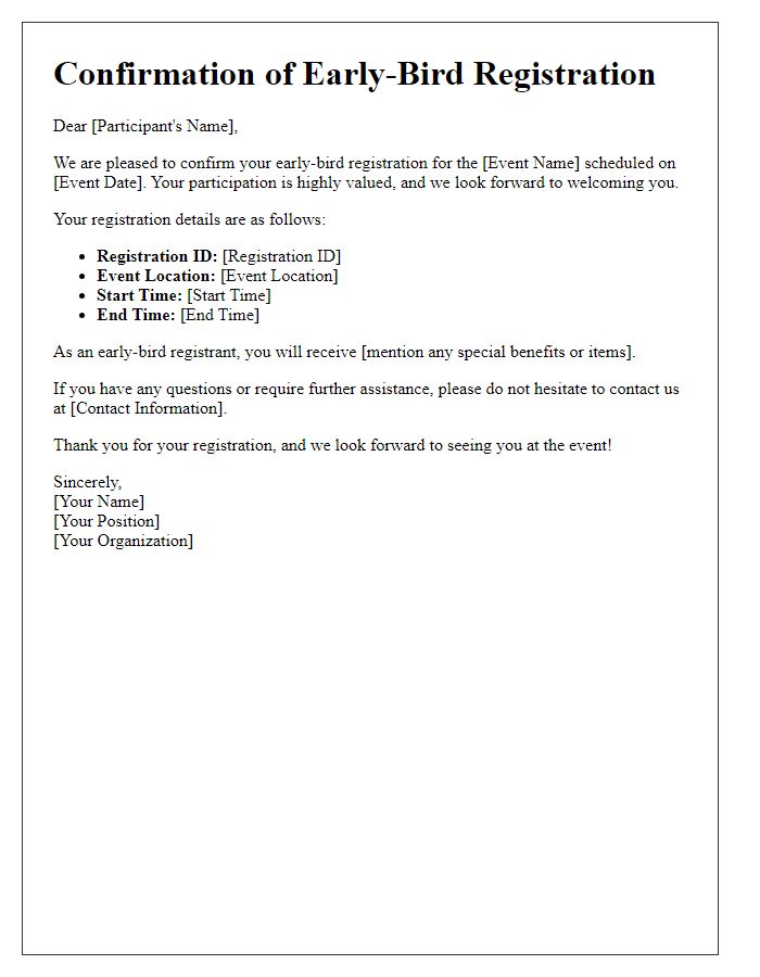 Letter template of confirmation for early-bird registration participation.