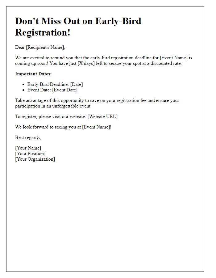 Letter template of countdown for early-bird registration deadline.