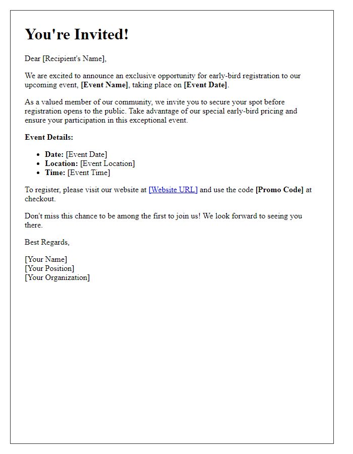 Letter template of invitation for exclusive early-bird registration.