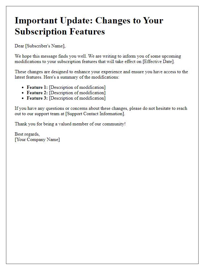 Letter template of alert for modifications in subscription features