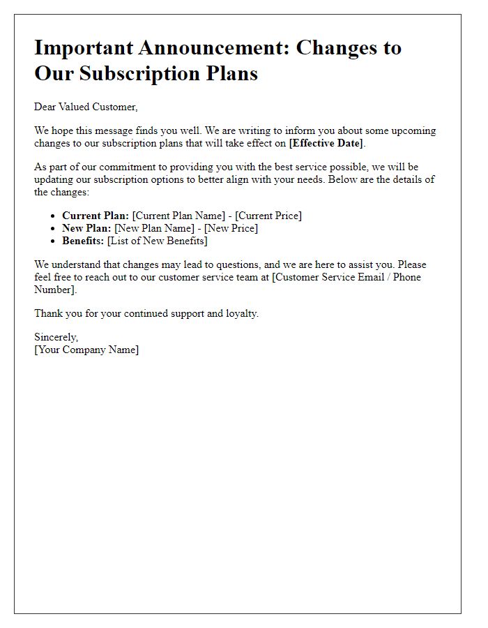 Letter template of announcement regarding changes to subscription plans