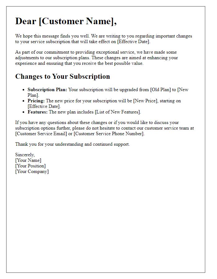 Letter template of clarification on changes to service subscriptions