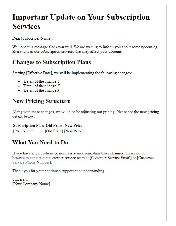 Letter template of information about alterations in subscription services