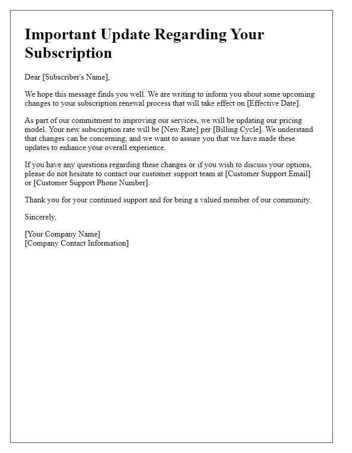 Letter template of message concerning subscription renewal changes