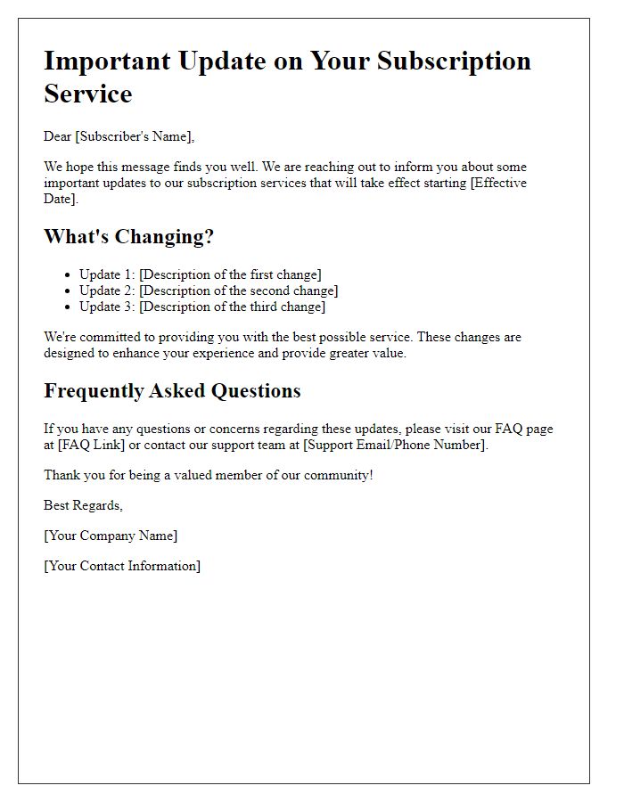 Letter template of notification for subscription service updates