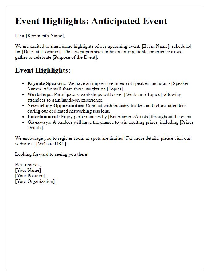 Letter template of anticipated event highlights