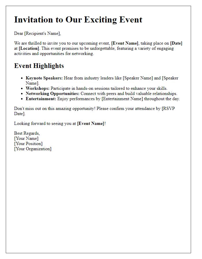 Letter template of engaging event features