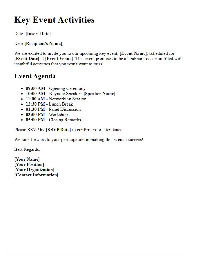 Letter template of key event activities