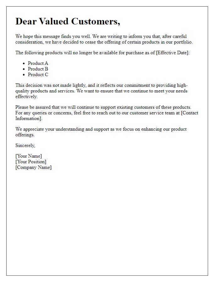 Letter template of ceasing product offerings announcement