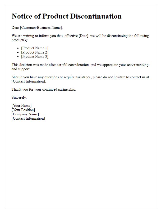 Letter template of discontinuing products notice