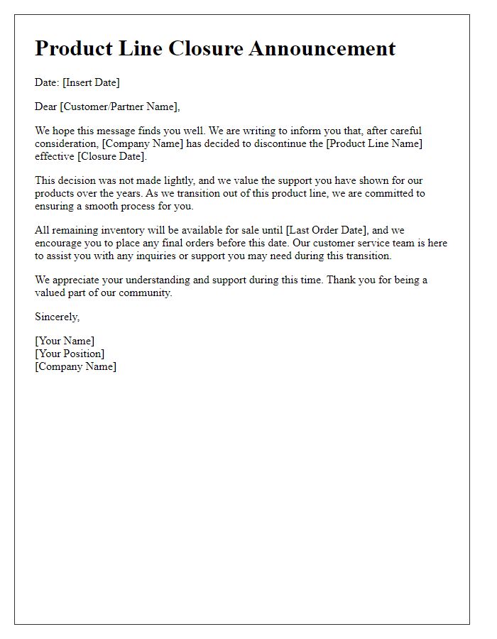 Letter template of product line closure announcement