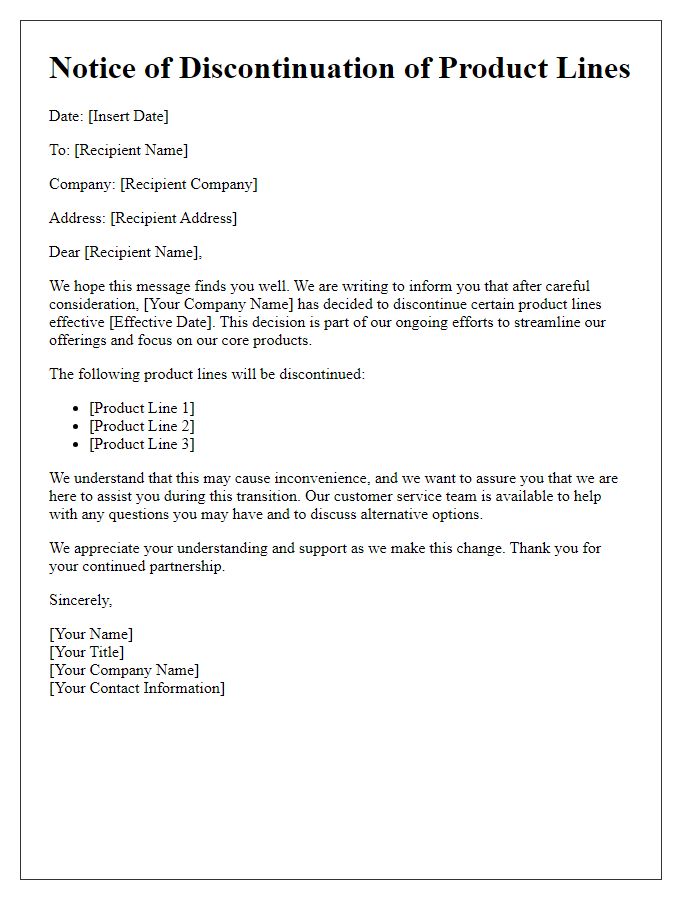 Letter template of stopping certain product lines information