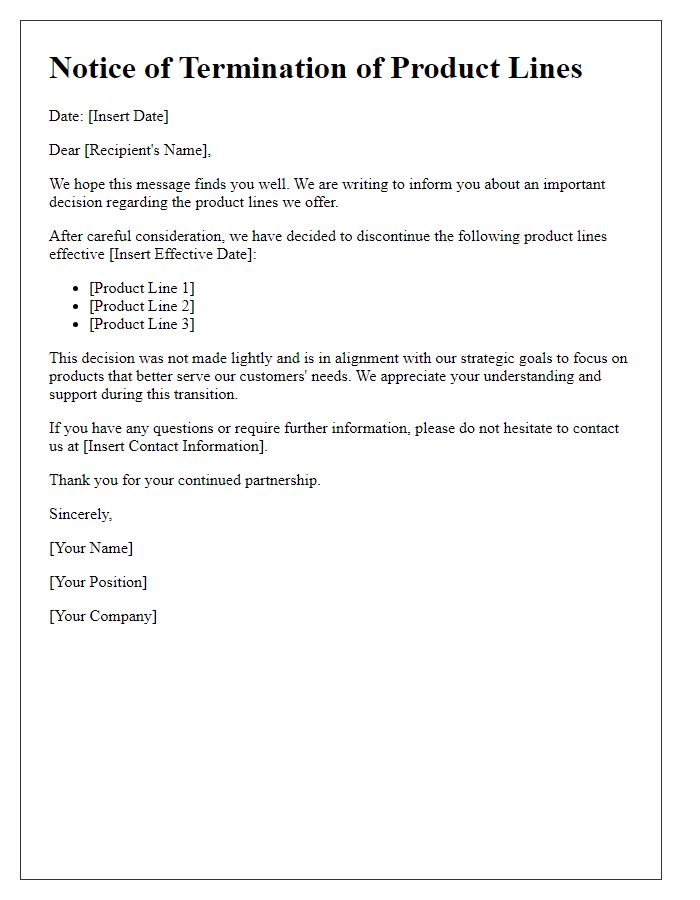 Letter template of terminating specific product lines communication