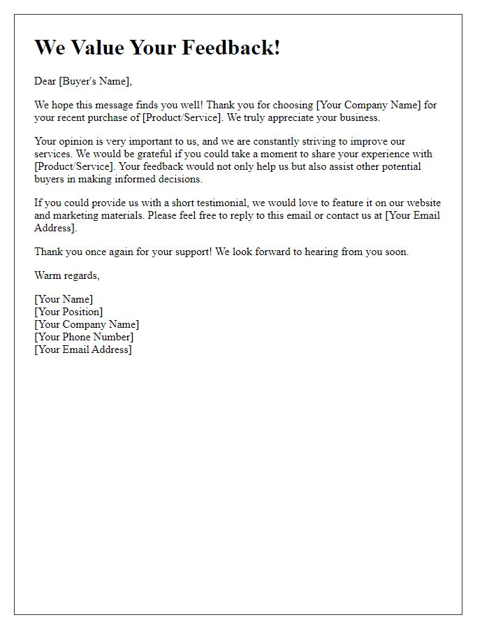 Letter template of buyer testimonial solicitation