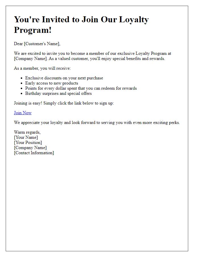 Letter template of loyalty program invitation