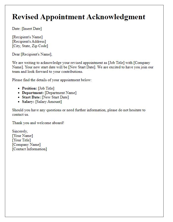 Letter template of revised appointment acknowledgment