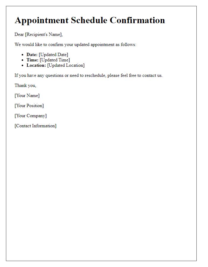 Letter template of updated appointment schedule confirmation