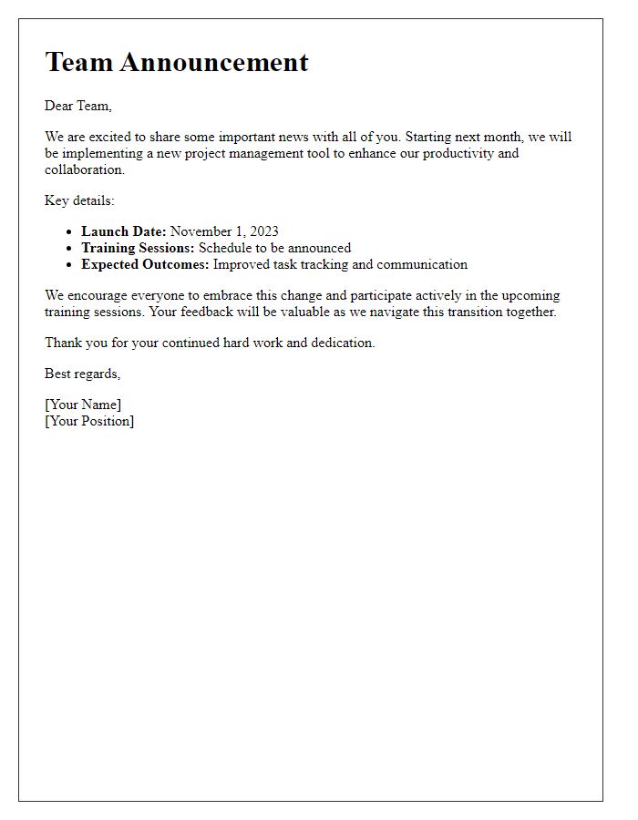 Letter template of internal team announcement