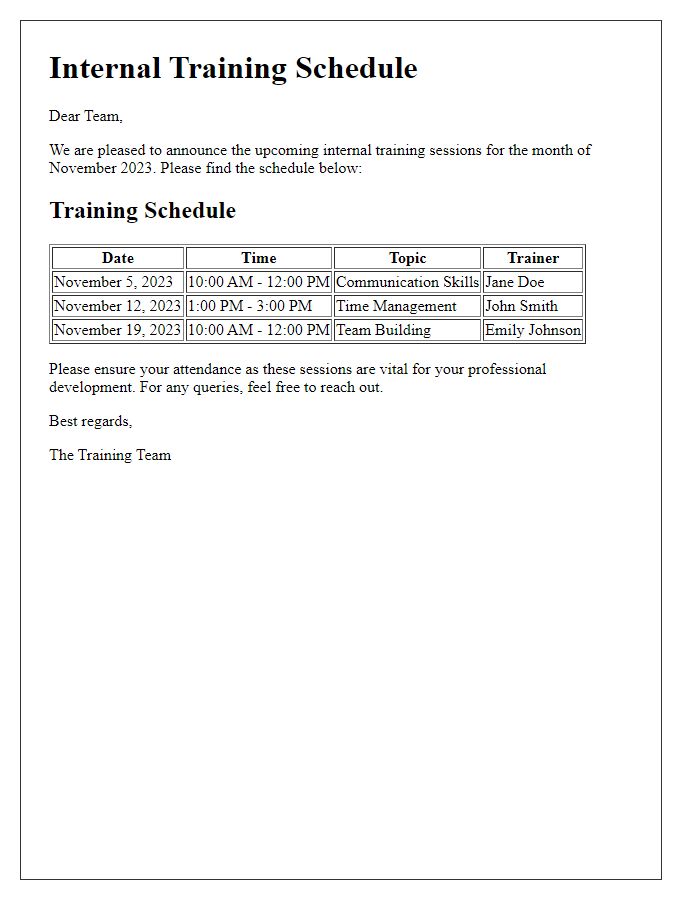 Letter template of internal training schedule