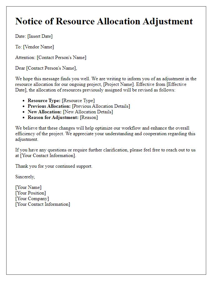 Letter template of vendor resource allocation adjustment notification.