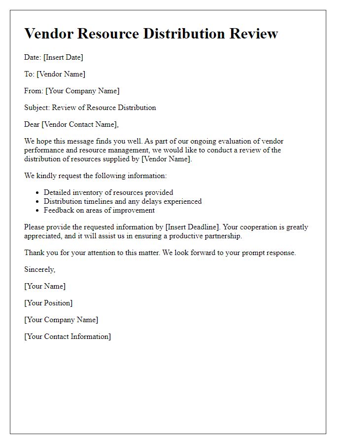 Letter template of vendor resource distribution review.