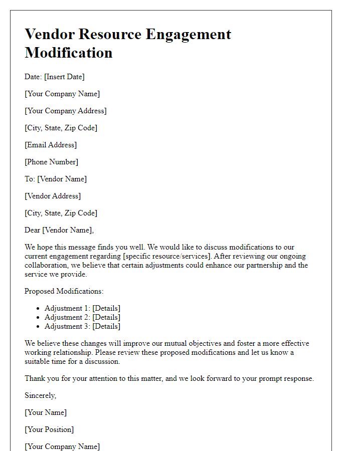 Letter template of vendor resource engagement modification.