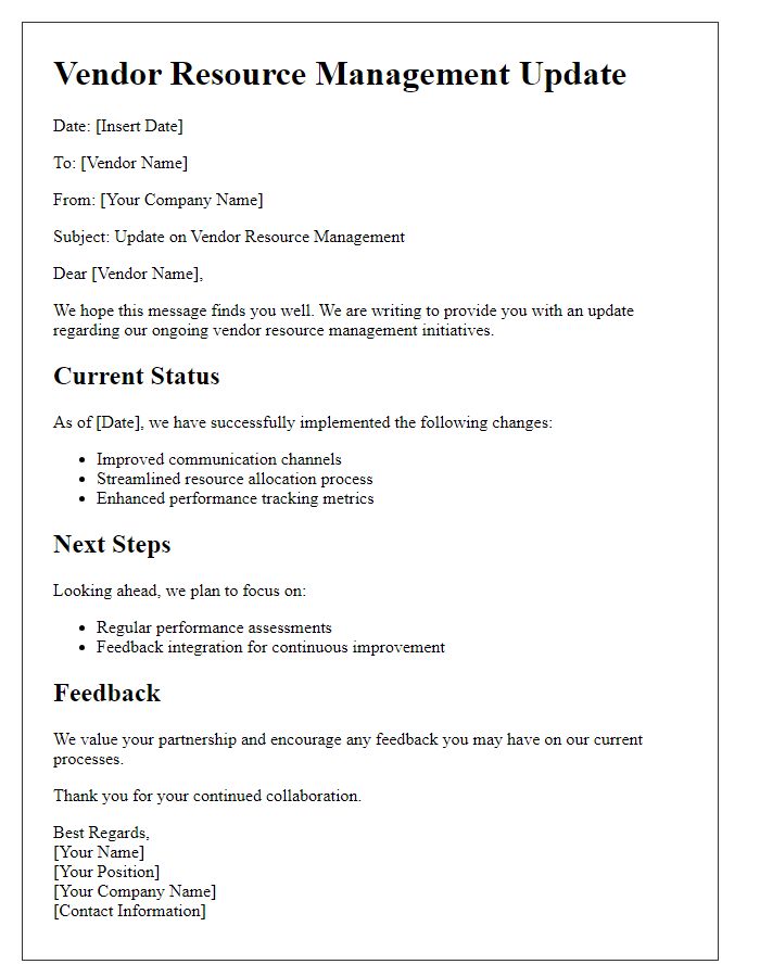 Letter template of vendor resource management update.