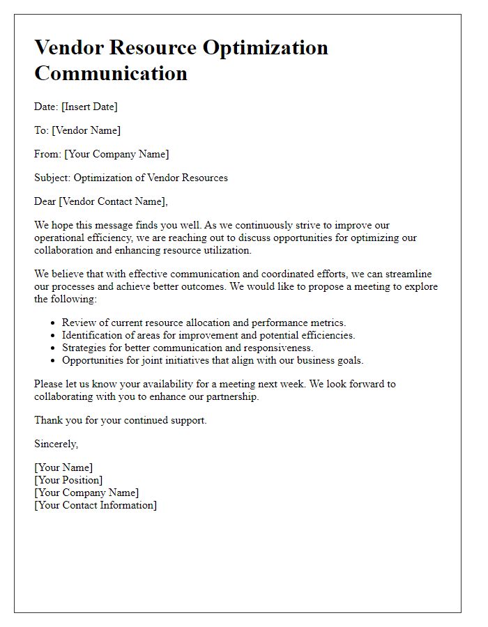 Letter template of vendor resource optimization communication.