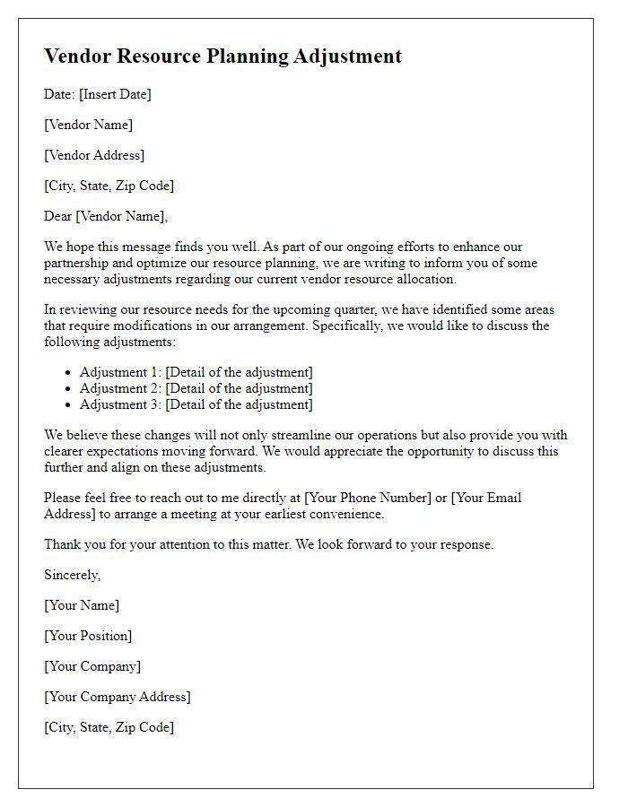 Letter template of vendor resource planning adjustment.